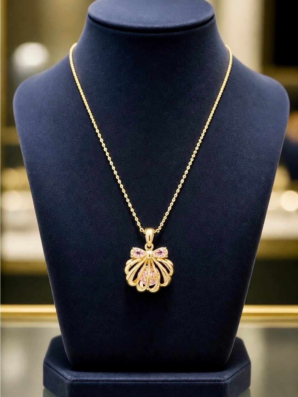 16–18” 14K Gold‑Plated Necklace w/ Clam Shell Pink Gemstone Pendant